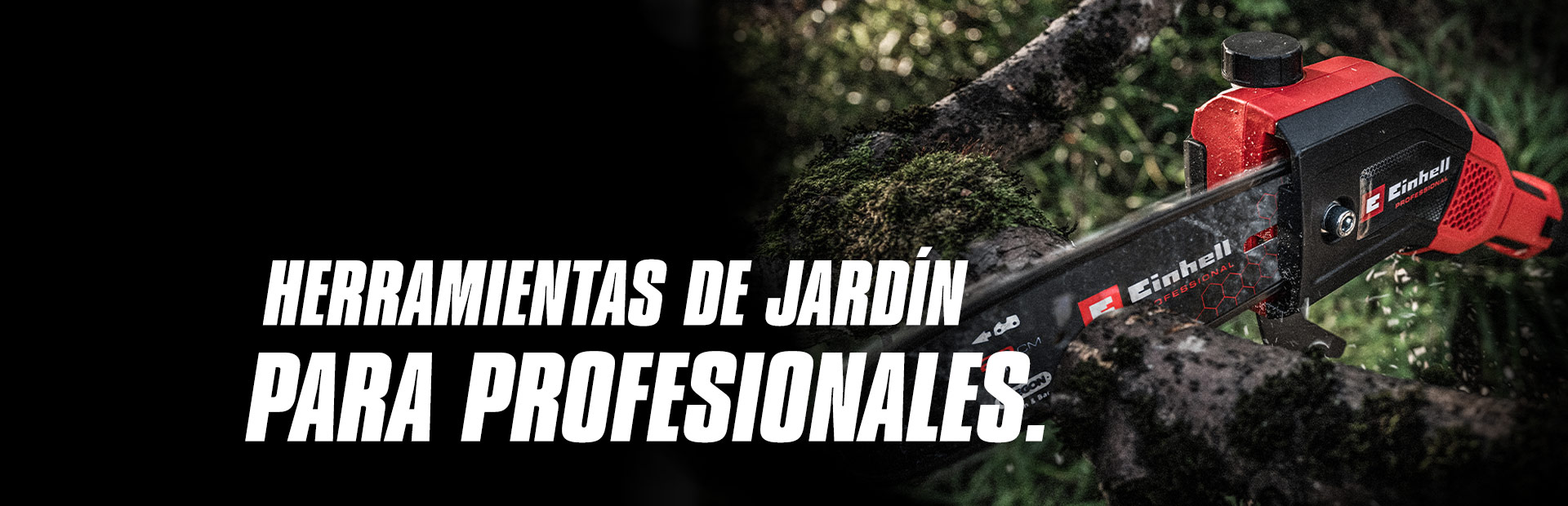 A red cordless chainsaw cuts through a branch, with the text "Garden Tools for Pros".