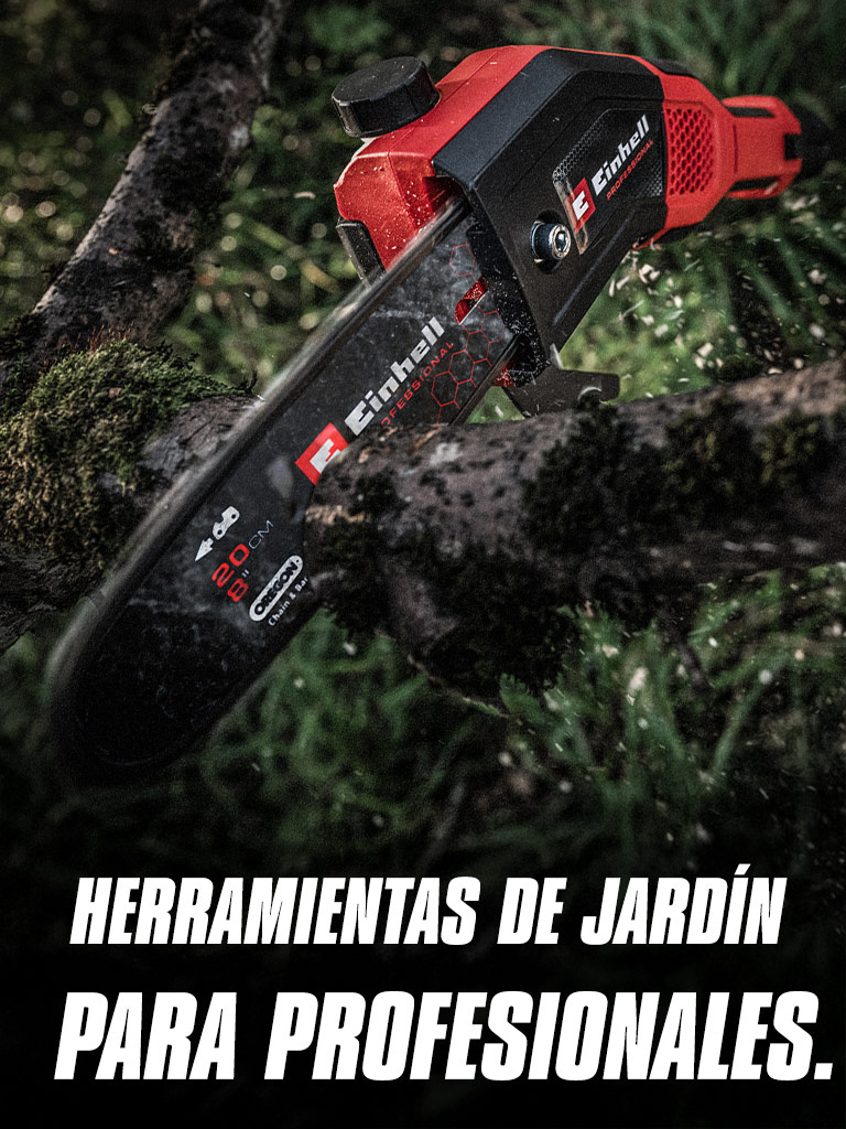 A red cordless chainsaw cuts through a branch, with the text "Garden Tools for Pros".