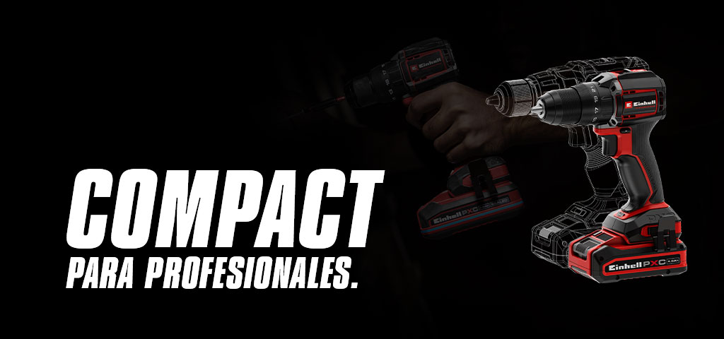 Taladro inalámbrico con batería sobre fondo negro, junto al texto: «COMPACTO PARA PROFESIONALES.»