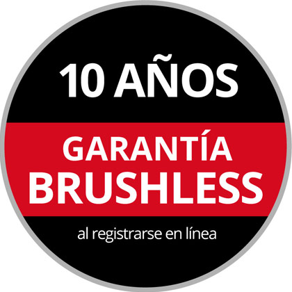 Round Warranty Logo with the text "10-Year Brushless Warranty, upon Online Registration" on a black and red background.