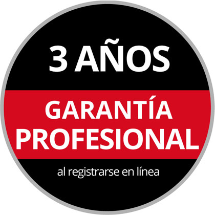 Round Warranty Logo with the text "3-Year Professional Warranty, upon Online Registration" on a black and red background.