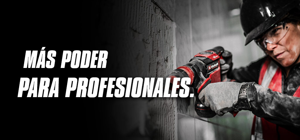 A person wearing safety glasses and a helmet uses a red drill on a wall, with the text "More Power for Pros".