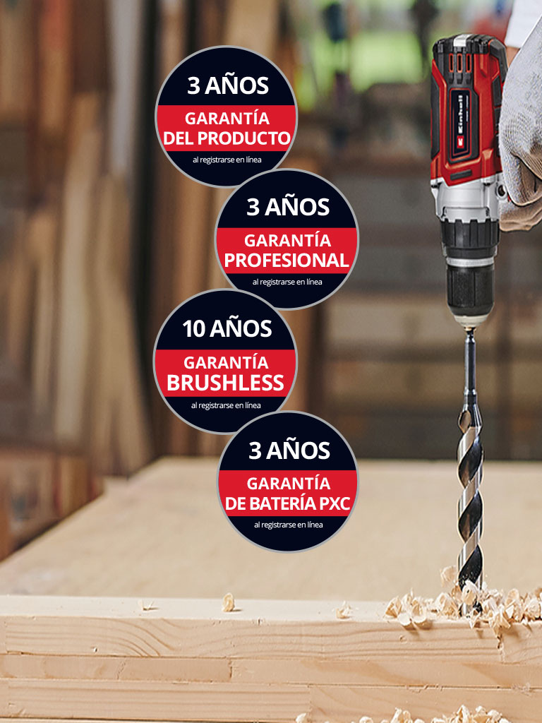 "Aquí puedes ver a un hombre en un taller usando un taladro Einhell. Además, se han colocado los iconos de los diferentes tipos de extensión de garantía en la imagen. Las siguientes extensiones de garantía son posibles: ‘Garantía del producto’, ‘Professional warranty’, ‘Brushless warranty’ y ‘Garantía de la batería’."