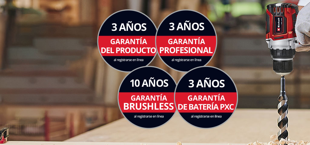 "Aquí puedes ver a un hombre en un taller usando un taladro Einhell. Además, se han colocado los iconos de los diferentes tipos de extensión de garantía en la imagen. Las siguientes extensiones de garantía son posibles: ‘Garantía del producto’, ‘Professional warranty’, ‘Brushless warranty’ y ‘Garantía de la batería’."