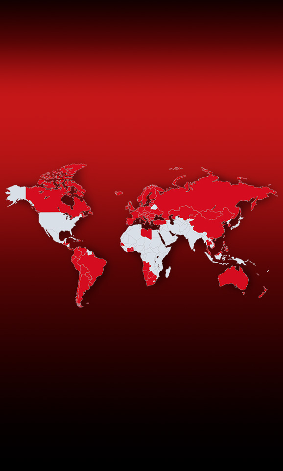 Mapa del mundo sobre un fondo rojo que simboliza la presencia internacional de Einhell.