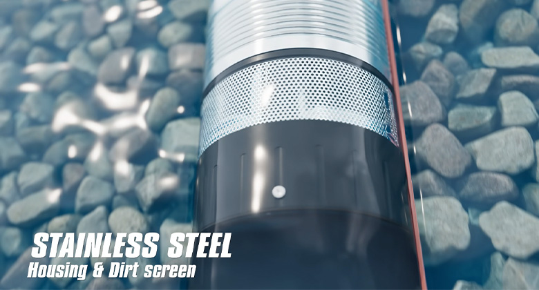 Deep well pump with stainless steel strainer in a narrow pipe in the ground. The text in the picture: Stainless steel casing and dirt screen.